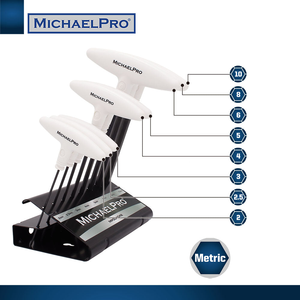 8-Piece T-Handle Ball End Allen Wrench Set in Metric Sizes with Storage Stand (MP001042W) - MichaelPro