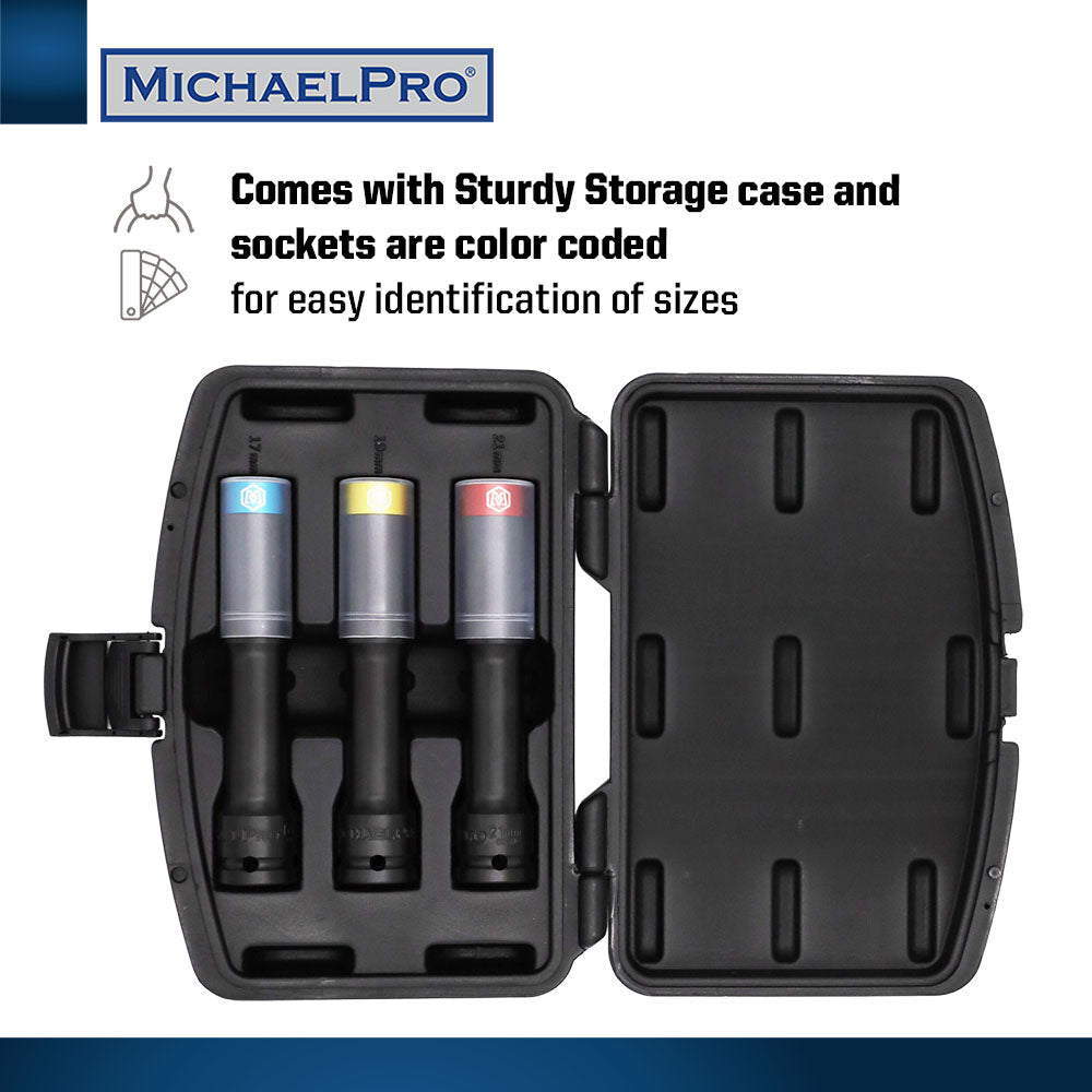 3-Piece 1/2" Drive Power Impact Lug Nut Socket, Damage-Free (MP005031) - MichaelPro