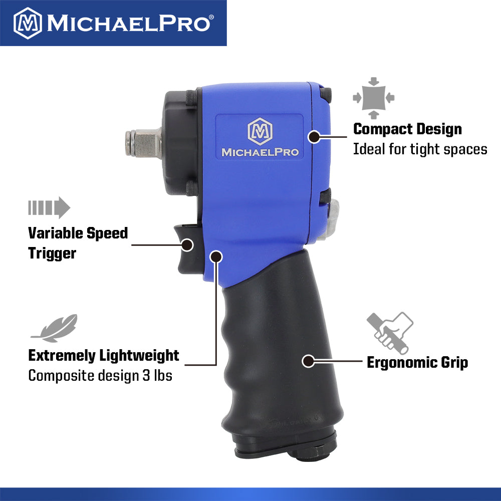 1/2" Drive Mini Air Impact Wrench, 500 ft-lbs Max Torque Output (MPA01034)