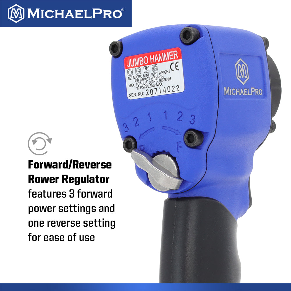 1/2" Drive Mini Air Impact Wrench, 500 ft-lbs Max Torque Output (MPA01034)