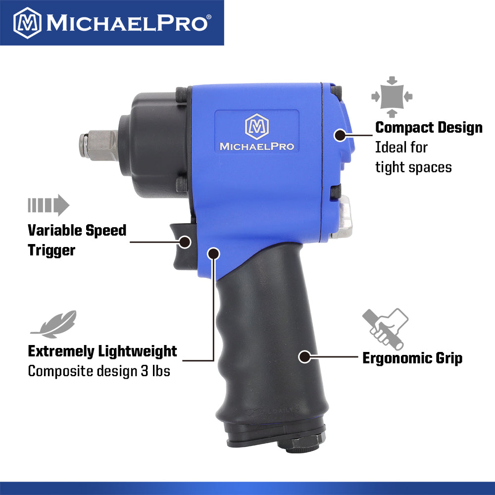 1/2" Drive Mini Air Impact Wrench, Powerful 1,000 ft-lbs Max Torque Output (MPA01036)