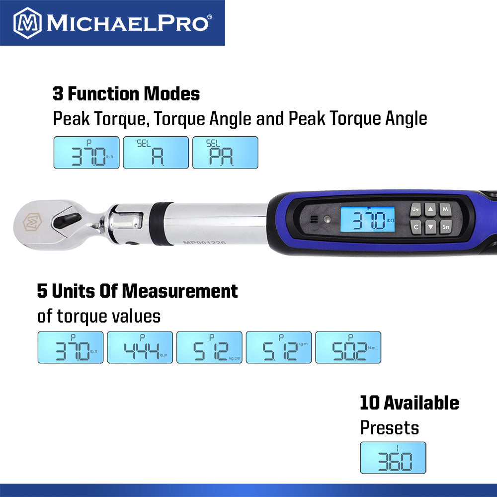 3/8" Drive Flex Head Electronic Torque Wrench With Angle, 10 to 100 ft-lb (MP001226) - MichaelPro