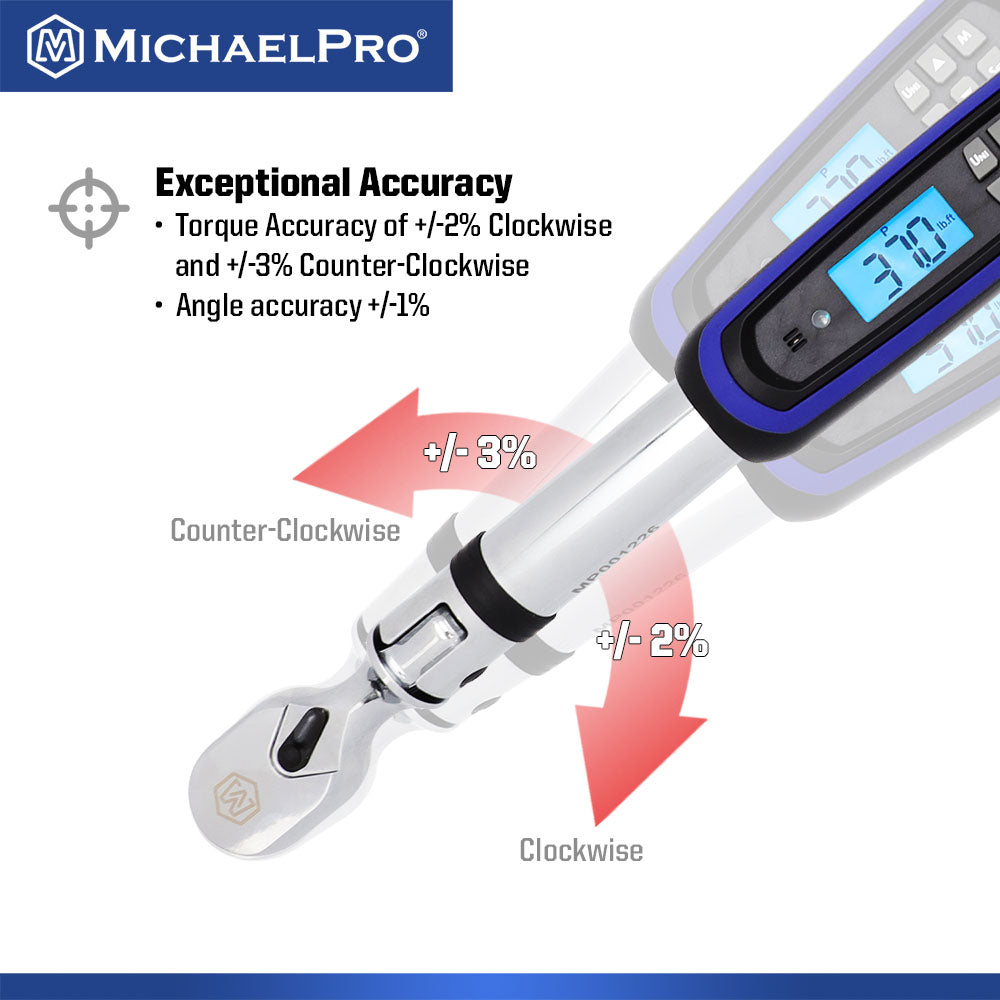 3/8" Drive Flex Head Electronic Torque Wrench With Angle, 10 to 100 ft-lb (MP001226) - MichaelPro
