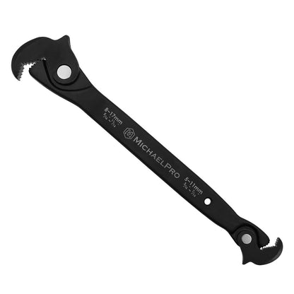 Universal auto-adjusting wrench, MichaelPro MP001229 Dual Action Auto Size Adjusting Wrench with 5-17mm and 3/16"-11/16" self-adjusting jaws for hexagonal, star, and square fasteners.