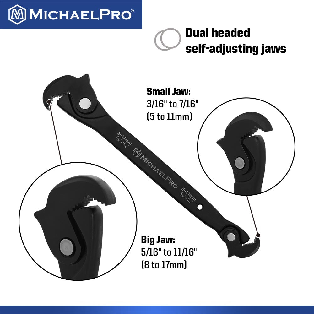 MichaelPro MP001229 dual-headed self-adjusting wrench diagram showing a Small Jaw capacity of 3/16" to 7/16" (5 to 11mm) and a Big Jaw capacity of 5/16" to 11/16" (8 to 17mm). High-strength serrated jaws for comprehensive SAE and metric fastener coverage.