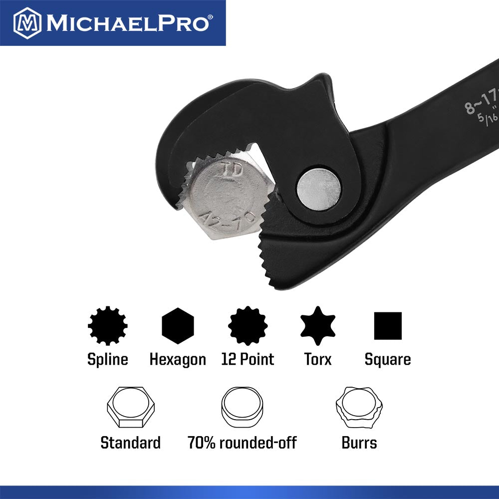 MichaelPro MP001229 universal wrench gripping a hexagonal bolt, demonstrating compatibility with spline, 12-point, Torx, square, and damaged fasteners. Showcasing serrated jaw grip on a standard bolt and its ability to remove 70% rounded-off nuts and burred fasteners.