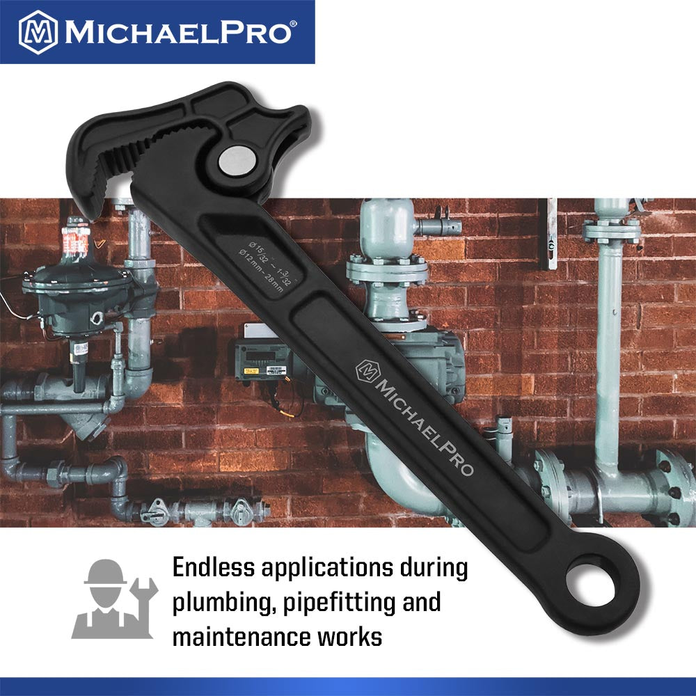 15/32” – 1-3/32” (12mm – 28mm) Self-Adjusting Quick Pipe Wrench (MP001231)