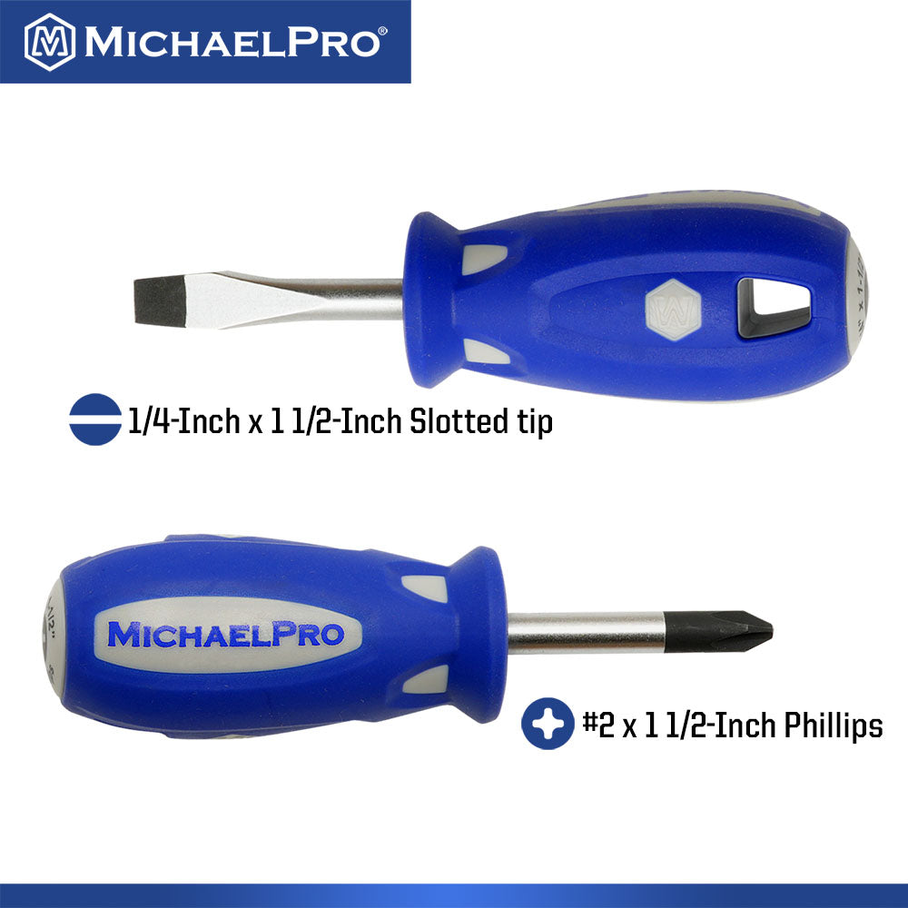 2-Piece Stubby Screwdriver Set 1/4-Inch x 1 1/2-Inch Slotted, #2 x 1 1/2-Inch Phillips (MP002040) - MichaelPro