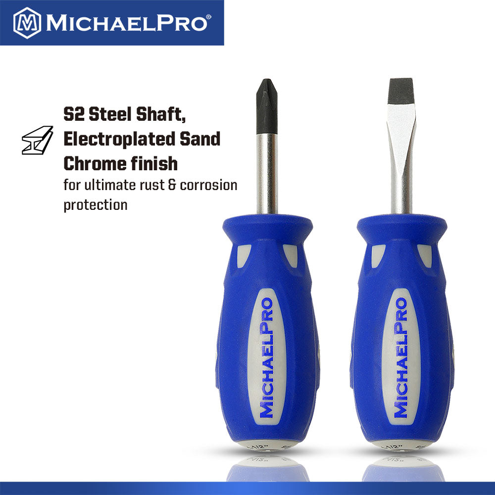 2-Piece Stubby Screwdriver Set 1/4-Inch x 1 1/2-Inch Slotted, #2 x 1 1/2-Inch Phillips (MP002040) - MichaelPro