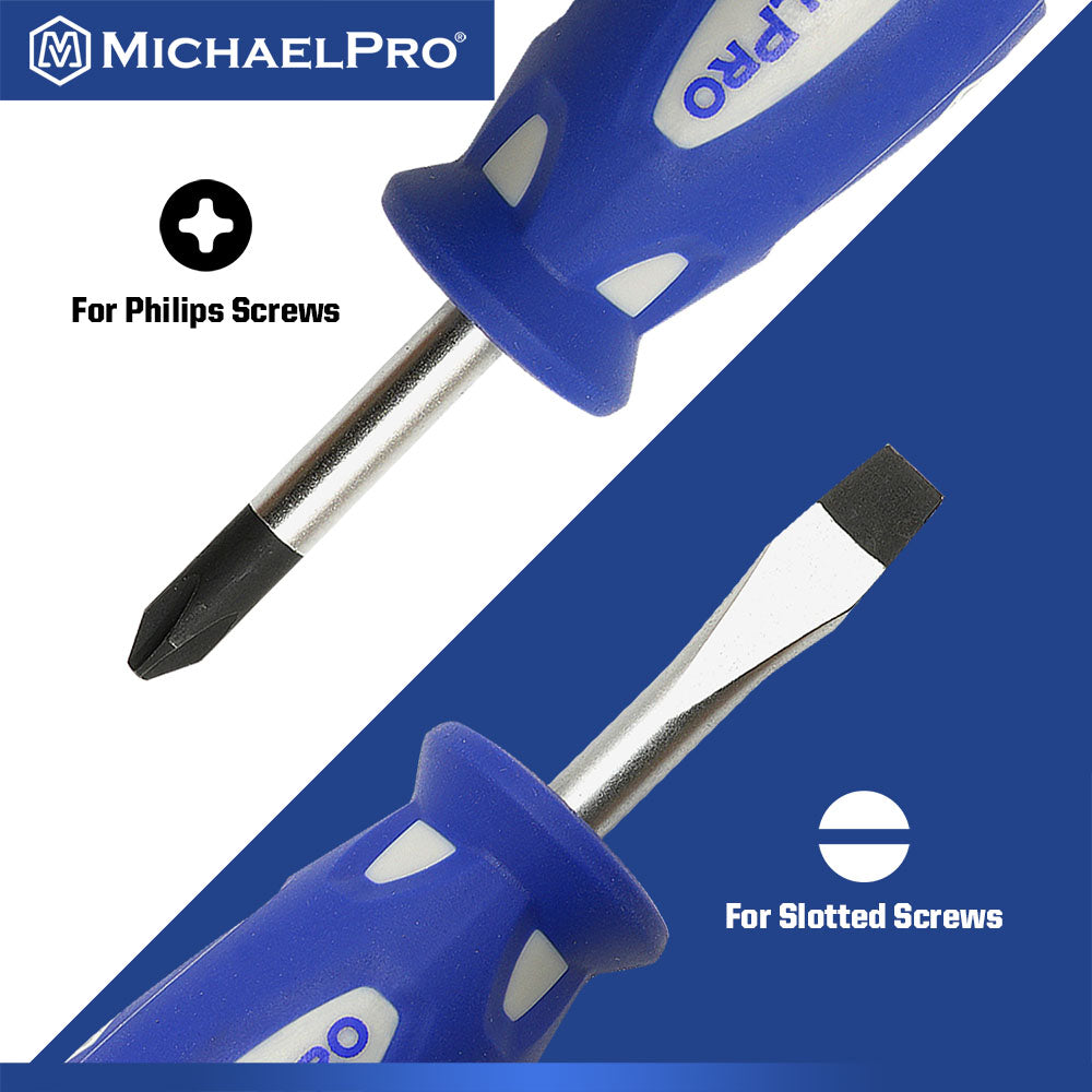2-Piece Stubby Screwdriver Set 1/4-Inch x 1 1/2-Inch Slotted, #2 x 1 1/2-Inch Phillips (MP002040) - MichaelPro
