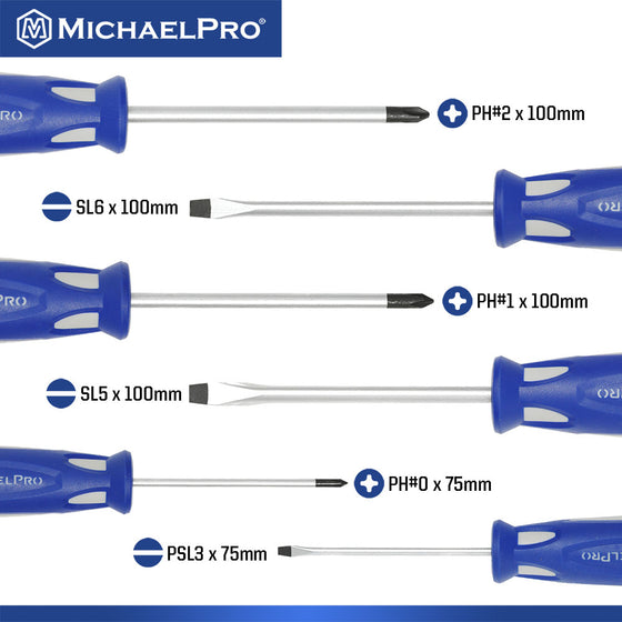 6-Piece Screwdriver Set, Phillips and Slotted Metric Screwdrivers (MP002041)