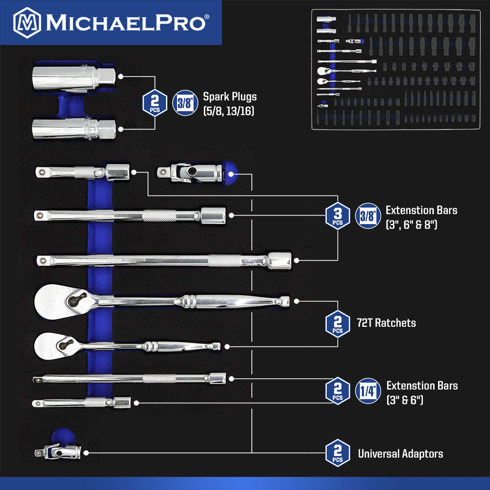 101 Pieces 3/8-Inch and 1/4-Inch Drive Socket Set (MP005004) - MichaelPro