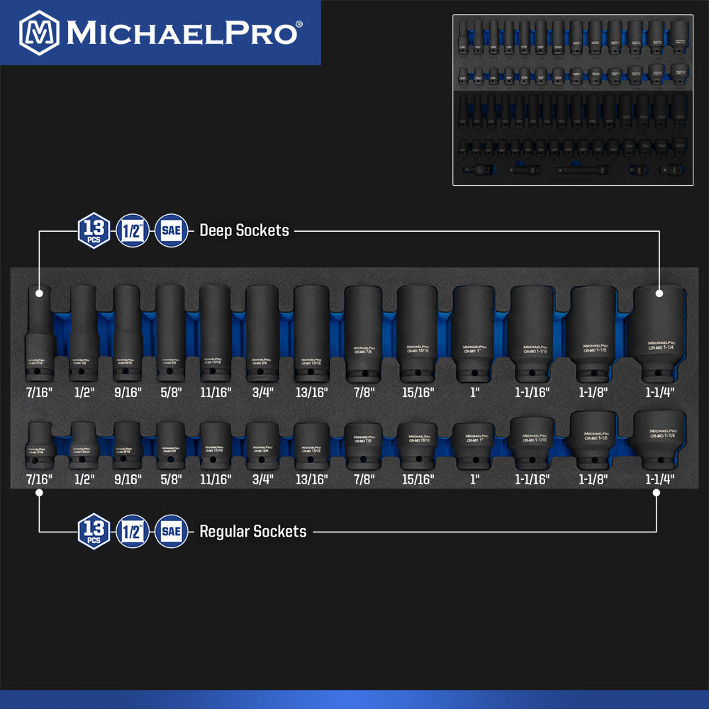 63 Pieces 1/2-Inch Drive Impact Socket Set Metric & SAE (MP005005)