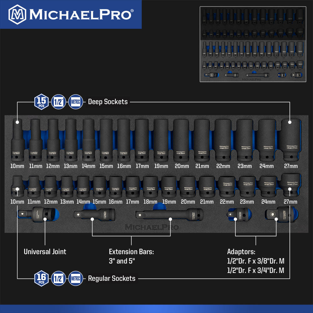 63 Pieces 1/2-Inch Drive Impact Socket Set Metric & SAE (MP005005) - MichaelPro