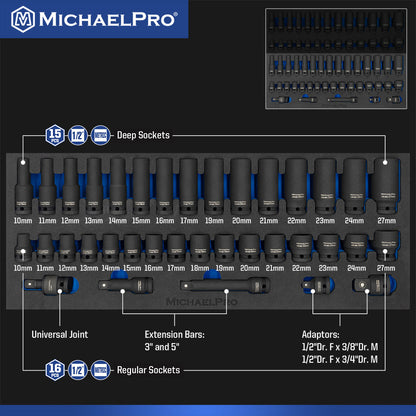 63 Pieces 1/2-Inch Drive Impact Socket Set Metric & SAE (MP005005) - MichaelPro