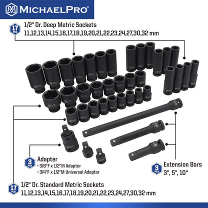 40-Piece 1/2"Drive Impact Socket Set in Metric Sizes (MP005032) - MichaelPro