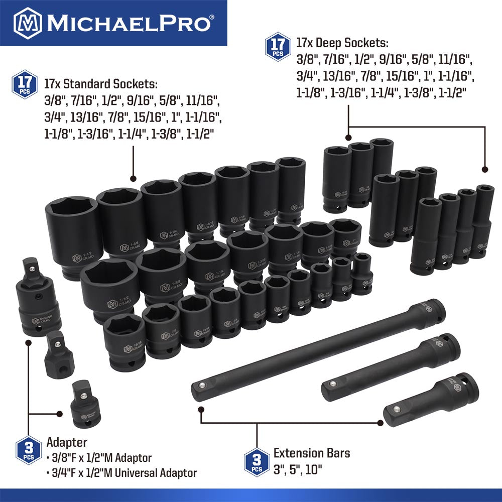 40-Piece 1/2" Drive Impact Socket Set In Standard SAE Sizes (MP005033) - MichaelPro