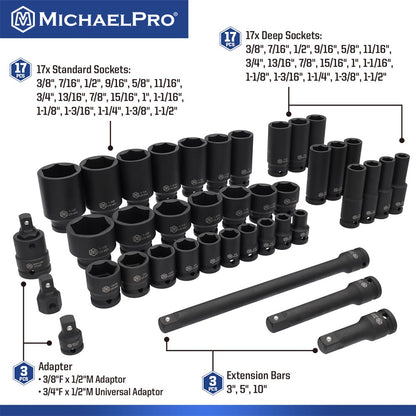 40-Piece 1/2" Drive Impact Socket Set In Standard SAE Sizes (MP005033) - MichaelPro