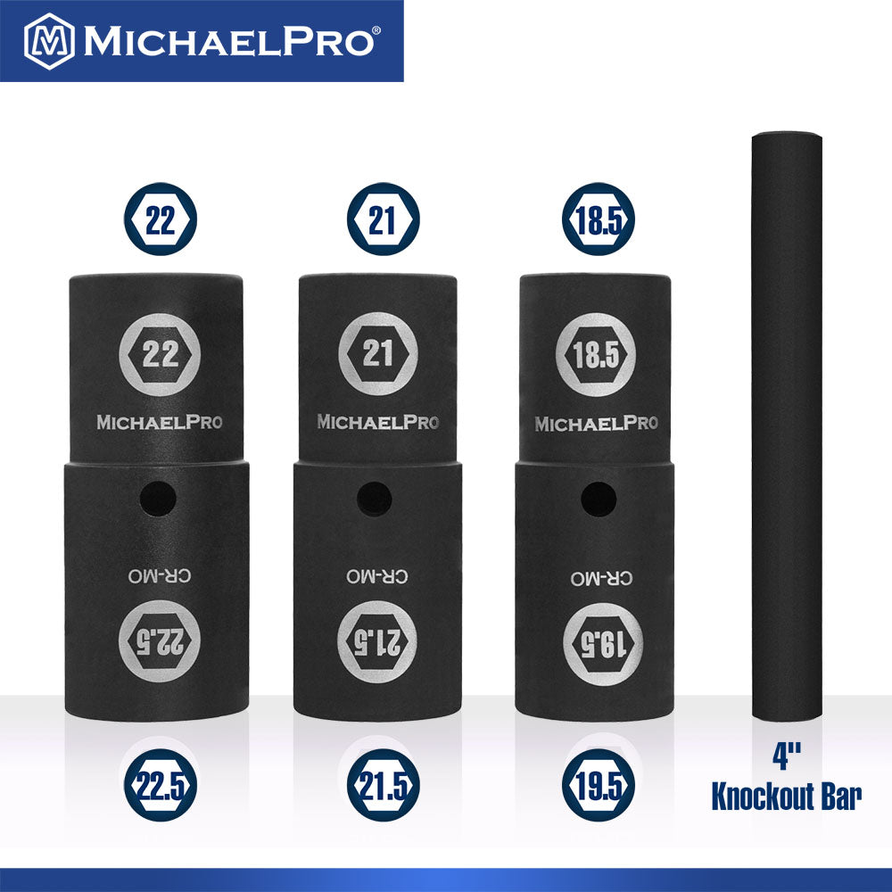 4-Piece 1/2" Drive Thin Wall Impact Flip Lug Nut Socket Set with Half Sizes (MP005042) - MichaelPro