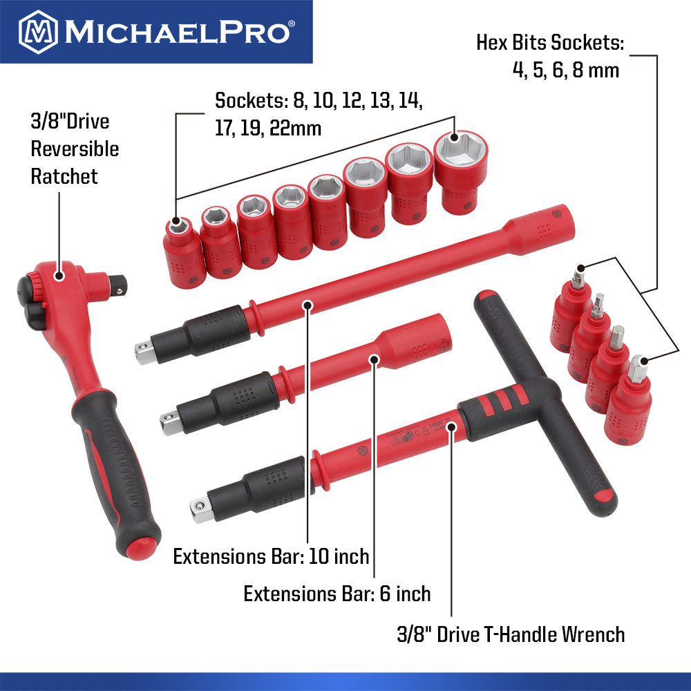 16-Piece 3/8" Drive VDE Insulated Socket Set (MP005047) - MichaelPro