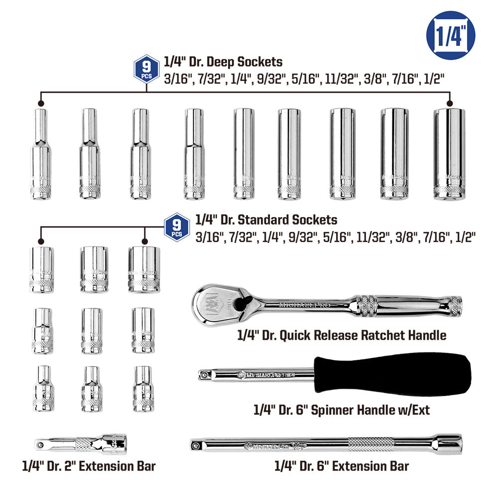 22-Piece 1/4" Drive 90 Tooth SAE Socket Set (MP005058)