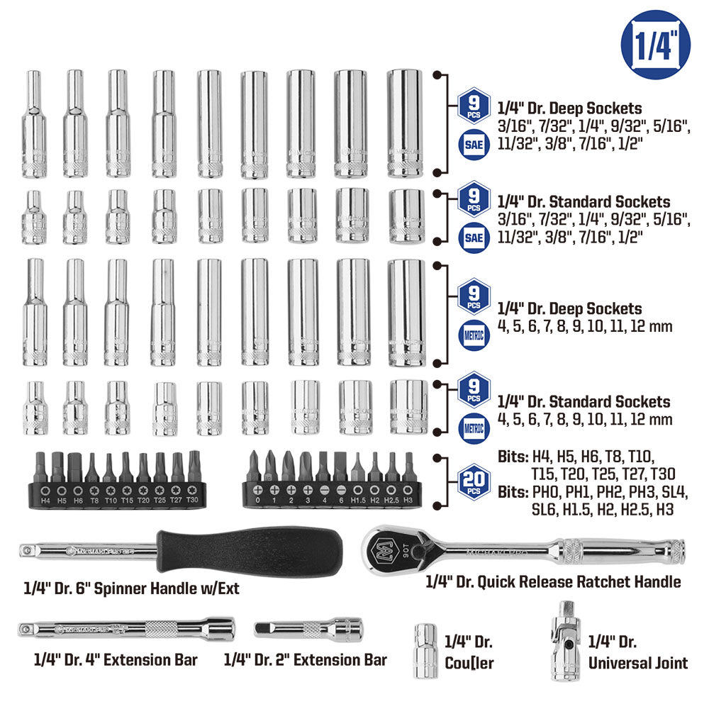 62-Piece 1/4" Drive 90 Tooth SAE/Metric Socket Set (MP005059) - MichaelPro