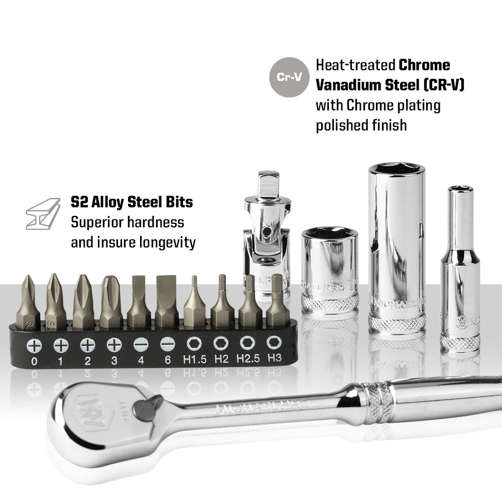 62-Piece 1/4" Drive 90 Tooth SAE/Metric Socket Set (MP005059) - MichaelPro