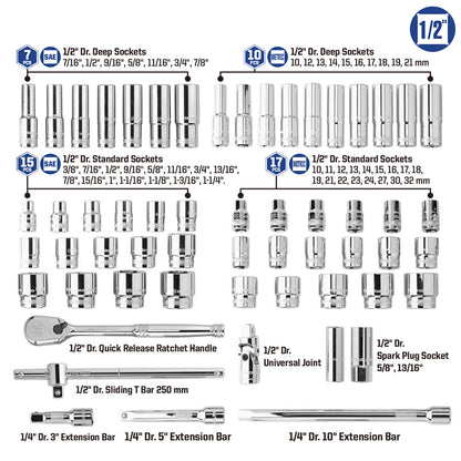 57-Piece 1/2" Drive 90 Tooth SAE & Metric Socket Set (MP005061) - MichaelPro