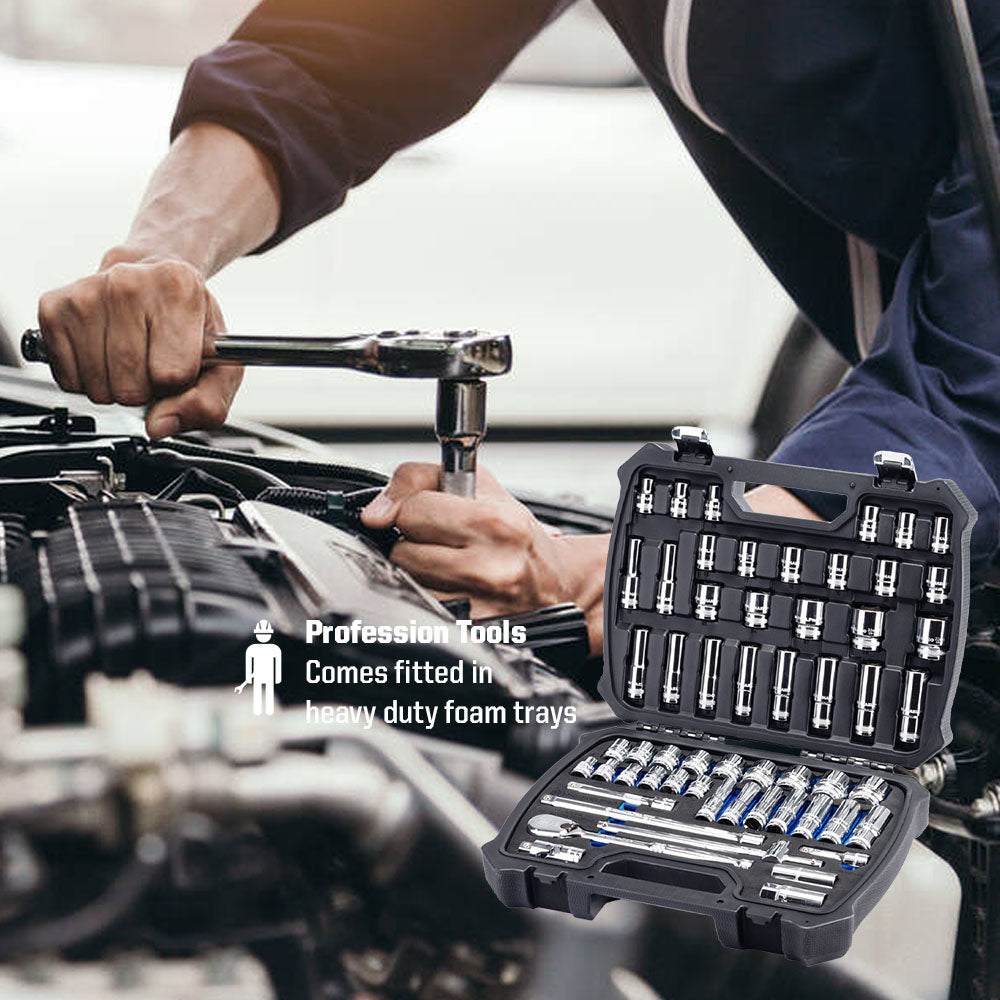 57-Piece 1/2" Drive 90 Tooth SAE & Metric Socket Set (MP005061) - MichaelPro