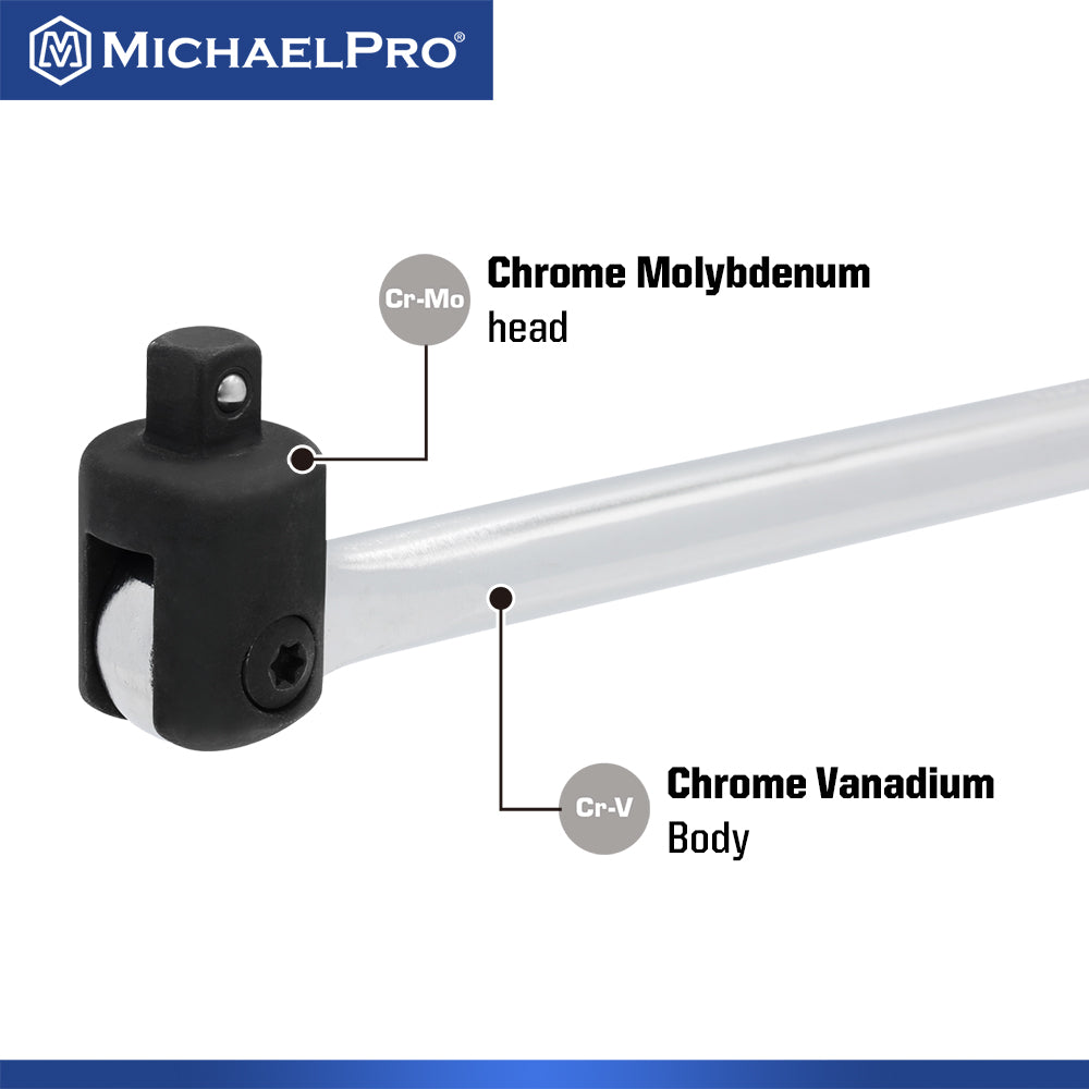 Close-up of MichaelPro breaker bar head showing Chrome Molybdenum (Cr-Mo) head and Chrome Vanadium (Cr-V) body construction.