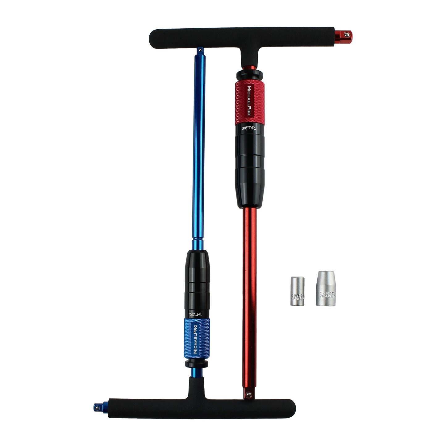 MichaelPro 4-Piece Gift Edition T-Handle Wrench Set in Red and Blue, including 1/4" and 3/8" drives with additional bit attachments.
