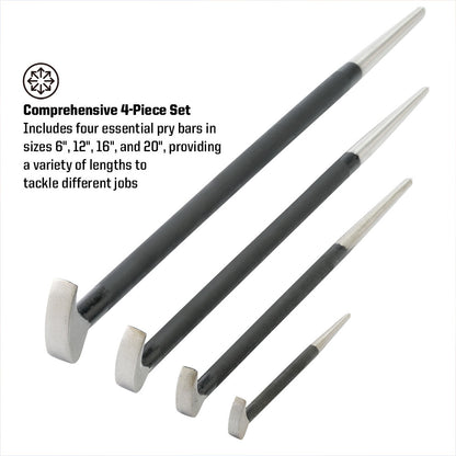 4-Piece Rolling Head Pry Bar Set - 6”, 12”, 16”, 20”  (MP009105)