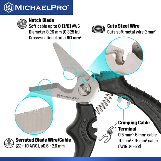 7-Inch Angled Electrician & Kevlar Scissors with Cable Crimping Terminal (MP010033)