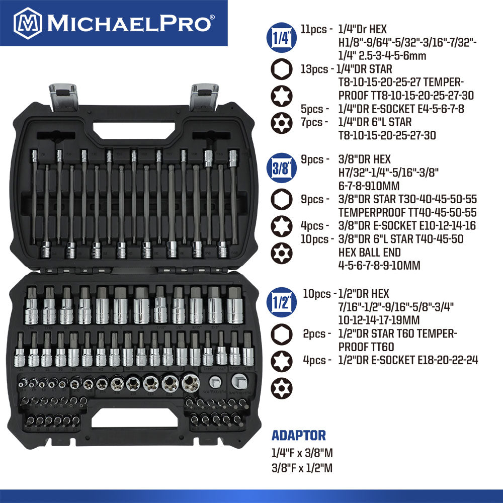 86-Piece Master SAE/Metric Hex, Torx, External Socket and Bit Socket Set (MP012018) - MichaelPro
