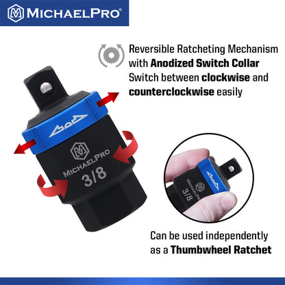 3/8" Drive Ratcheting Breaker Bar Adapter with Anodized Switch Collar (MP012024) - MichaelPro