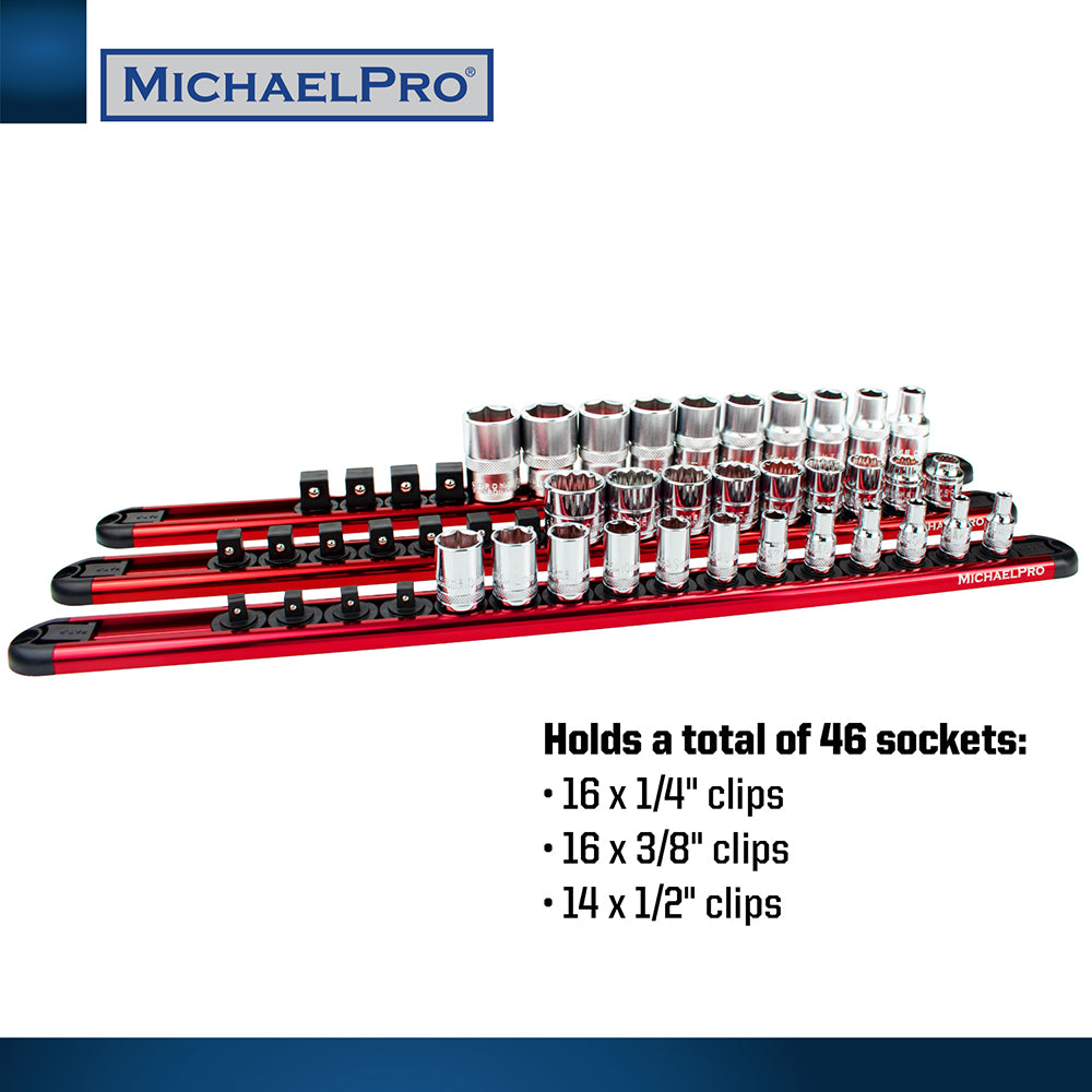 3-Piece Socket Organizer Rail Set- 1/4", 3/8", and 1/2" Drives (MP014001 / MP014040) - MichaelPro