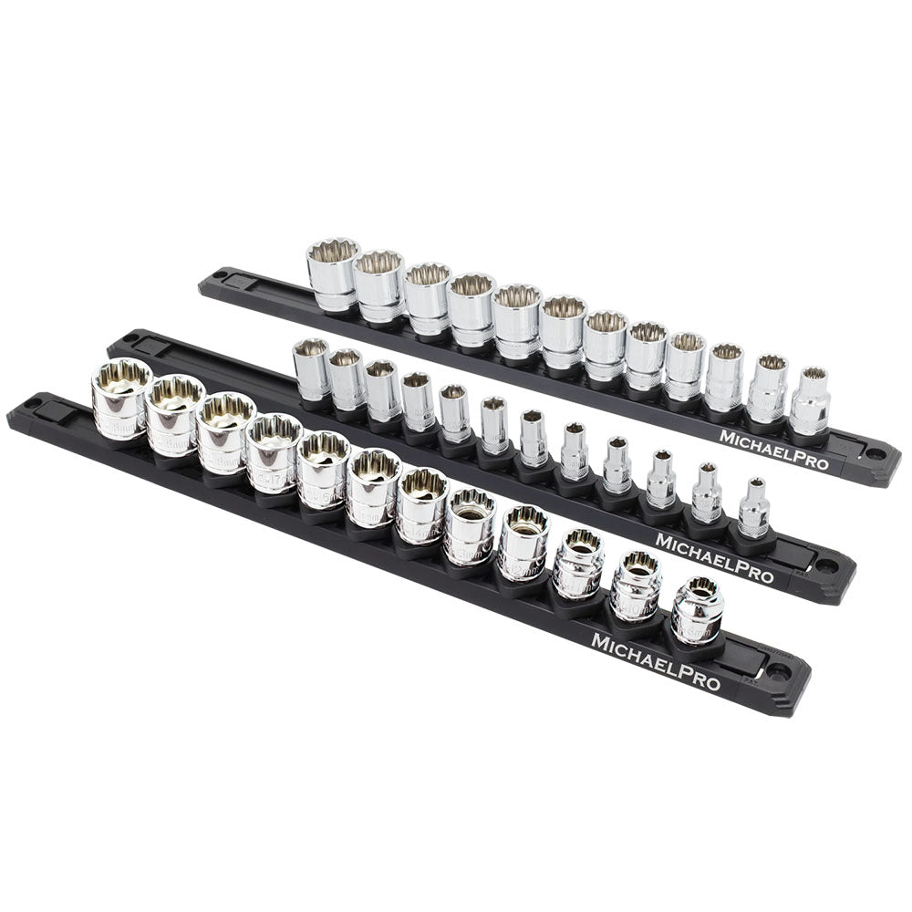 MichaelPro 3-Piece Socket Organizer Rail Set with 1/4", 3/8", and 1/2" drive holders, available in magnetic black aluminum and non-magnetic red. Holding up to 46 sockets on red non-magnetic rails or 36 sockets on black magnetic rails with Quick Twist-and-Lock clips.