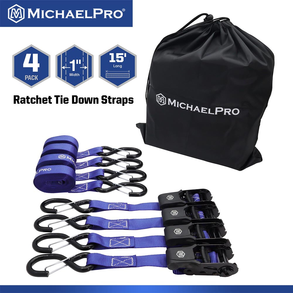 4 Pack 1" x 15' Ratchet Tie Down Straps with S-Hook Safety Latches, 1500 lb Break Strength (MP021001)