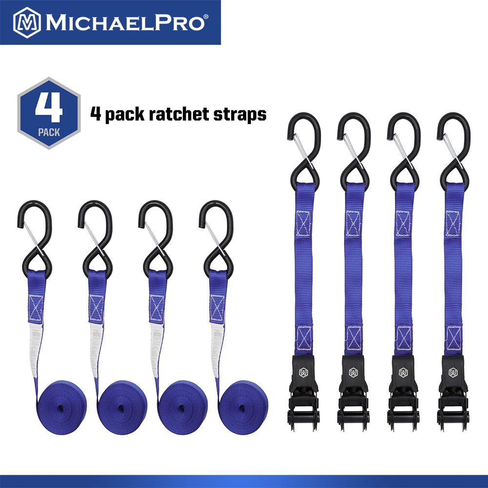 4 Pack 1" x 15' Ratchet Tie Down Straps with S-Hook Safety Latches, 1500 lb Break Strength (MP021001)