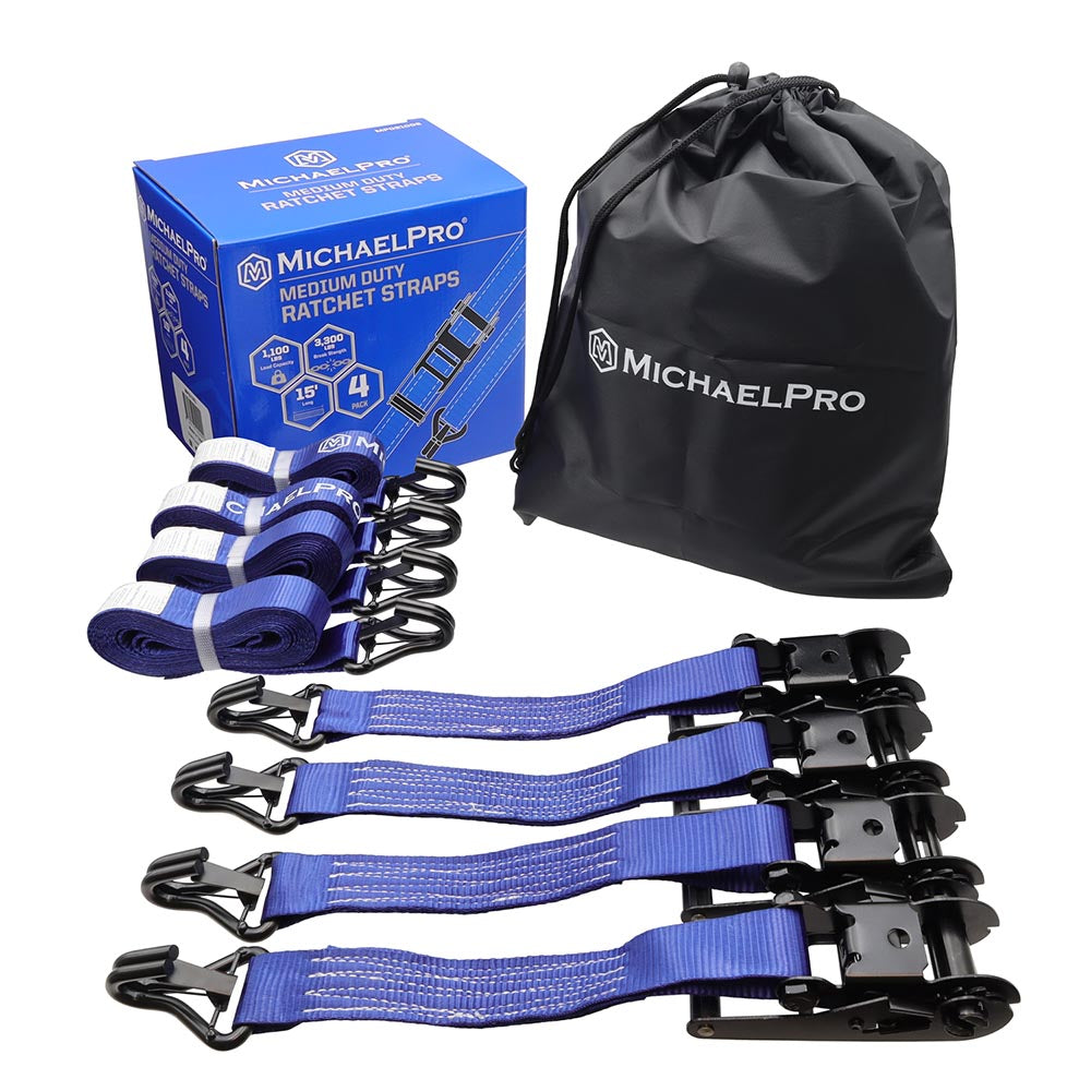 4 Pack 1.5" x 15' Ratchet Tie Down Strap with J-Hook Safety Latches, 3300 lb Break Strength (MP021002) - MichaelPro