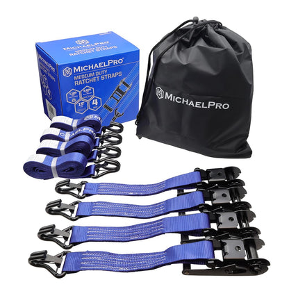 4 Pack 1.5" x 15' Ratchet Tie Down Strap with J-Hook Safety Latches, 3300 lb Break Strength (MP021002) - MichaelPro