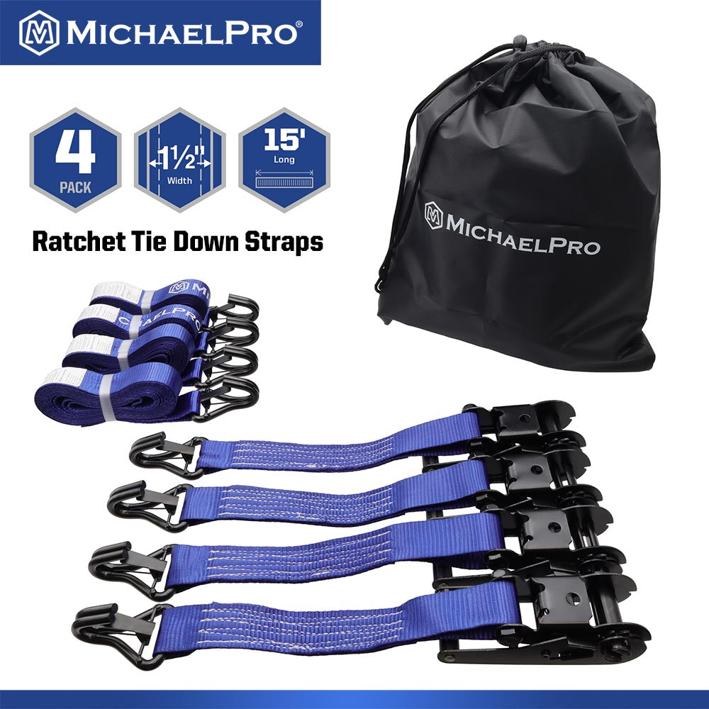 4 Pack 1.5" x 15' Ratchet Tie Down Strap with J-Hook Safety Latches, 3300 lb Break Strength (MP021002) - MichaelPro