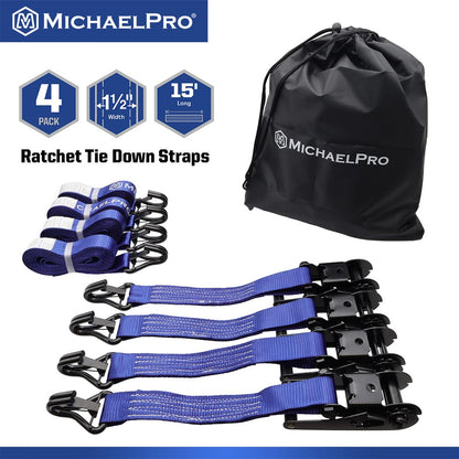4 Pack 1.5" x 15' Ratchet Tie Down Strap with J-Hook Safety Latches, 3300 lb Break Strength (MP021002) - MichaelPro