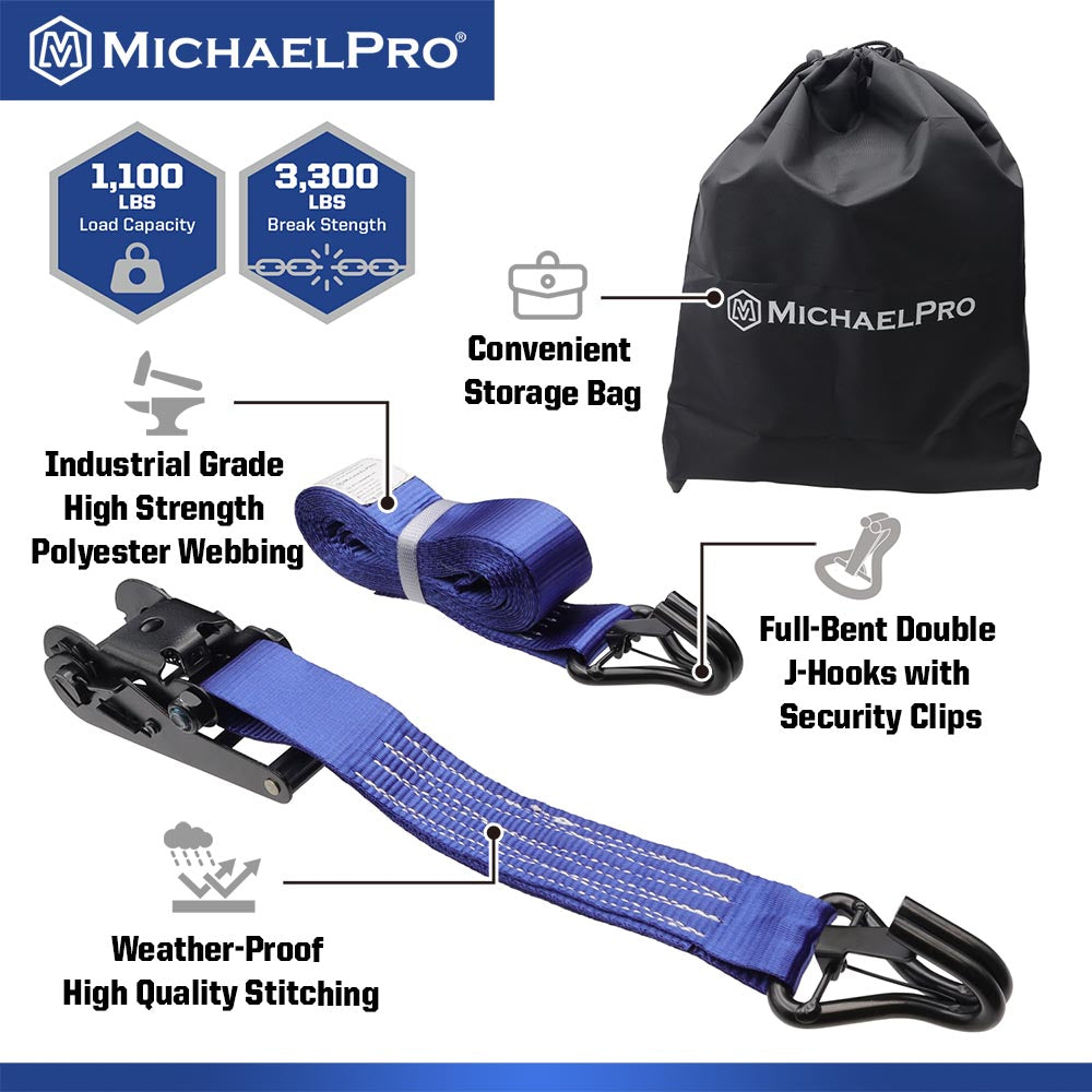 4 Pack 1.5" x 15' Ratchet Tie Down Strap with J-Hook Safety Latches, 3300 lb Break Strength (MP021002) - MichaelPro