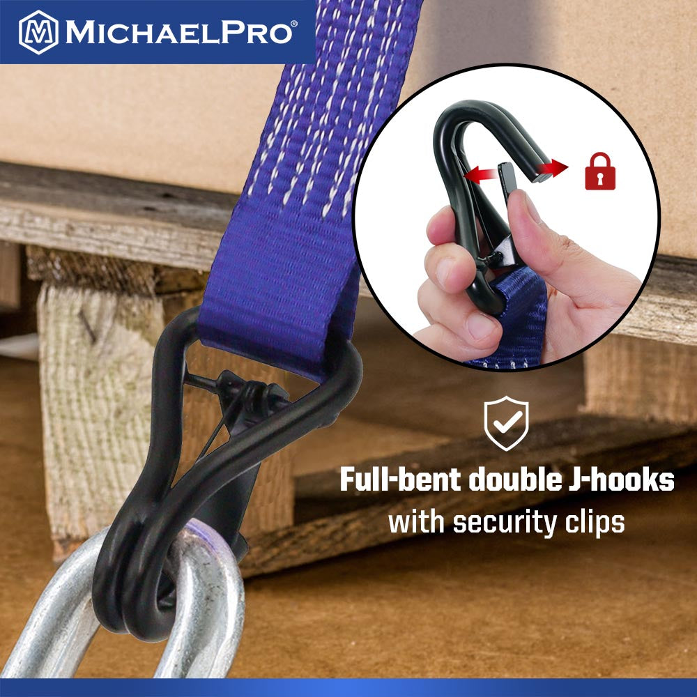 4 Pack 1.5" x 15' Ratchet Tie Down Strap with J-Hook Safety Latches, 3300 lb Break Strength (MP021002) - MichaelPro