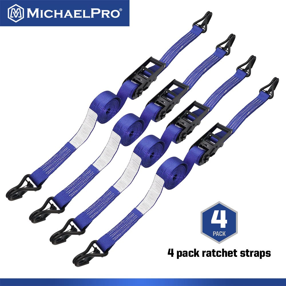 4 Pack 1.5" x 15' Ratchet Tie Down Strap with J-Hook Safety Latches, 3300 lb Break Strength (MP021002) - MichaelPro