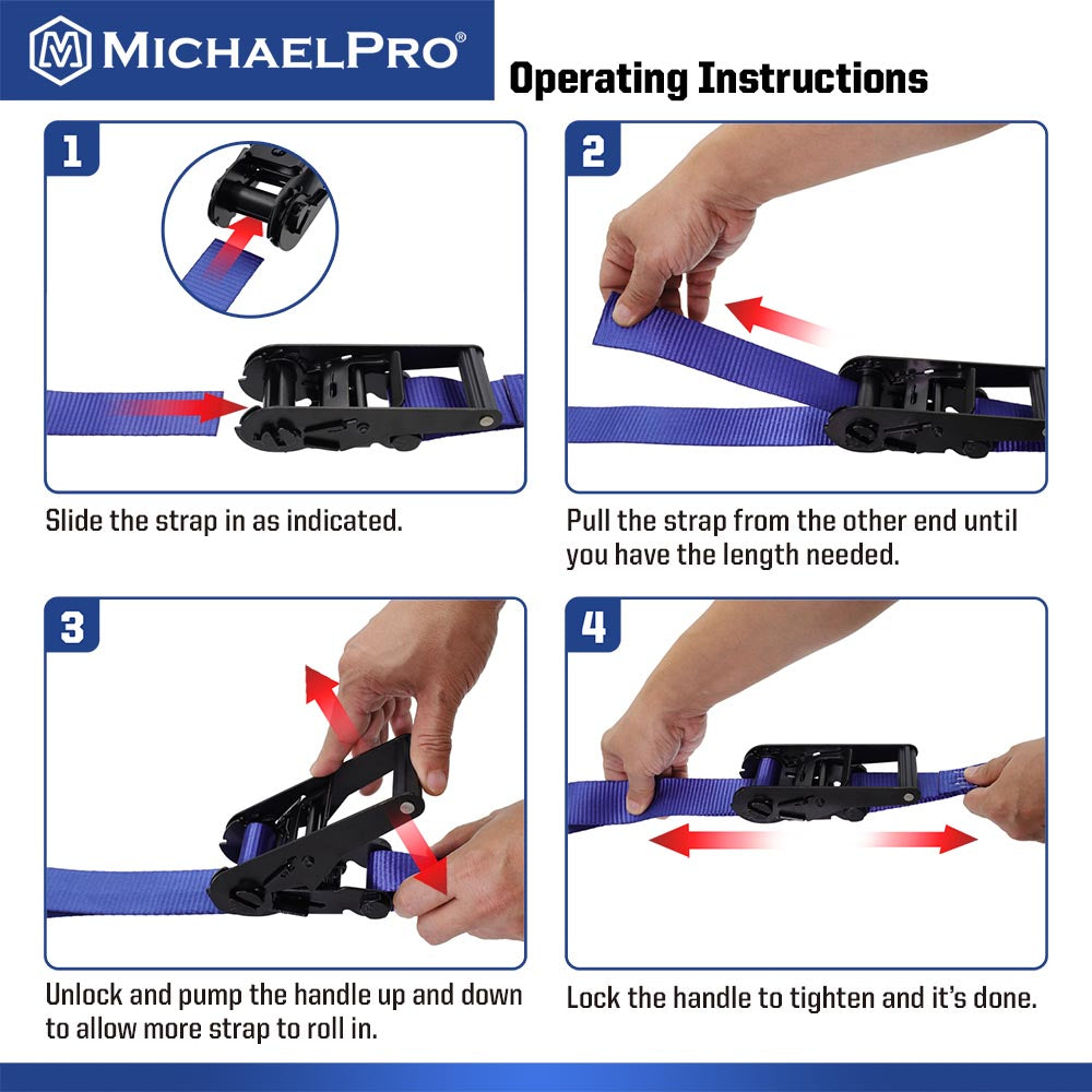4 Pack 1.5" x 15' Ratchet Tie Down Strap with J-Hook Safety Latches, 3300 lb Break Strength (MP021002) - MichaelPro