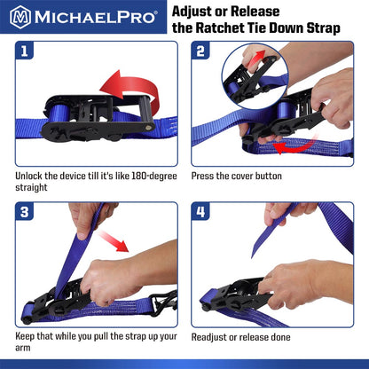 4 Pack 1.5" x 15' Ratchet Tie Down Strap with J-Hook Safety Latches, 3300 lb Break Strength (MP021002) - MichaelPro