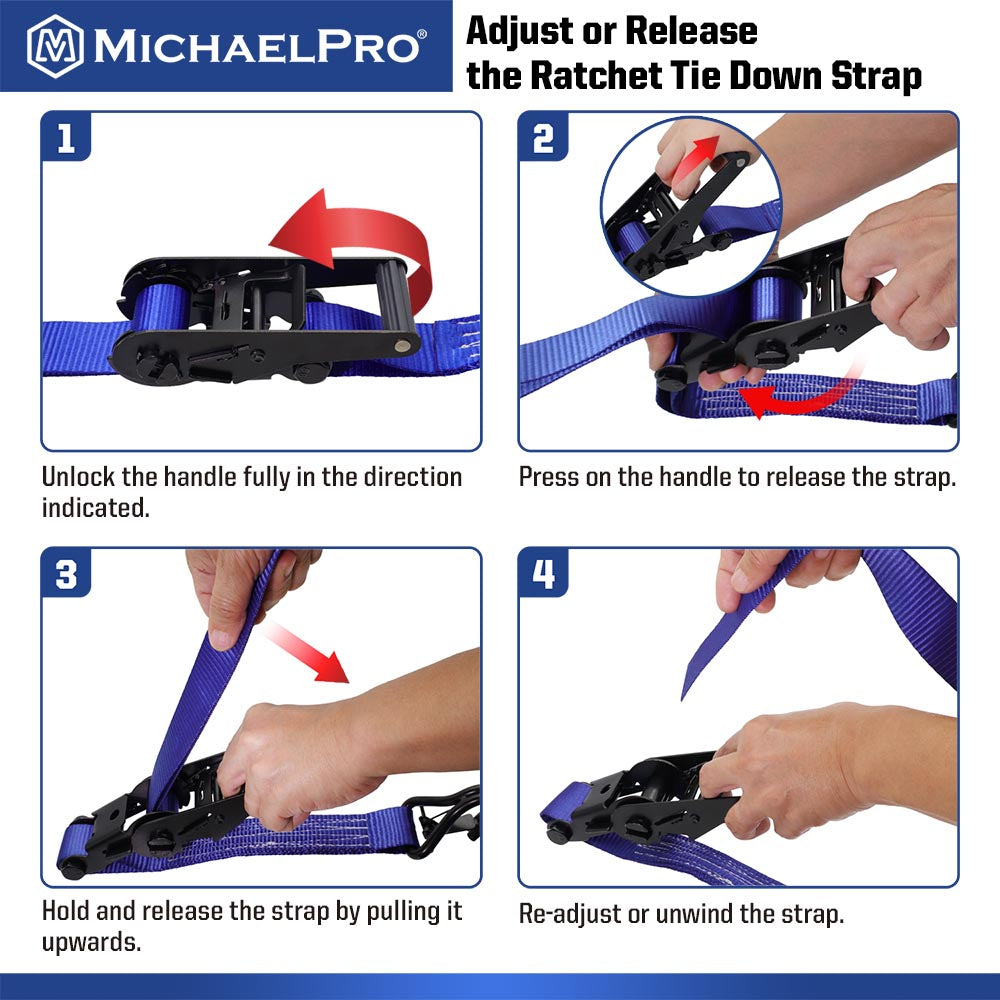 4 Pack 1.5" x 15' Ratchet Tie Down Strap with J-Hook Safety Latches, 3300 lb Break Strength (MP021002) - MichaelPro