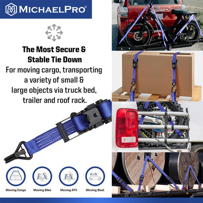 4 Pack 1.5" x 15' Ratchet Tie Down Strap with J-Hook Safety Latches, 3300 lb Break Strength (MP021002) - MichaelPro